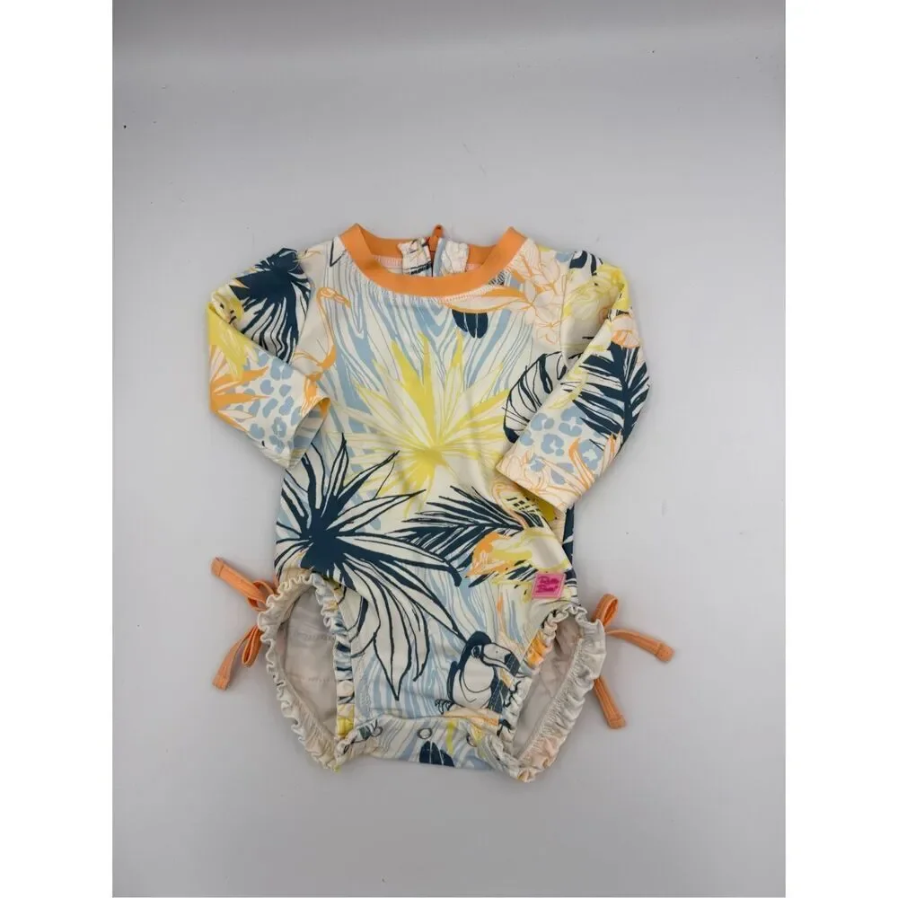 RuffleButts Toddler Tropical Floral Rash Guard One Piece Swimsuit Size 3-6Mo